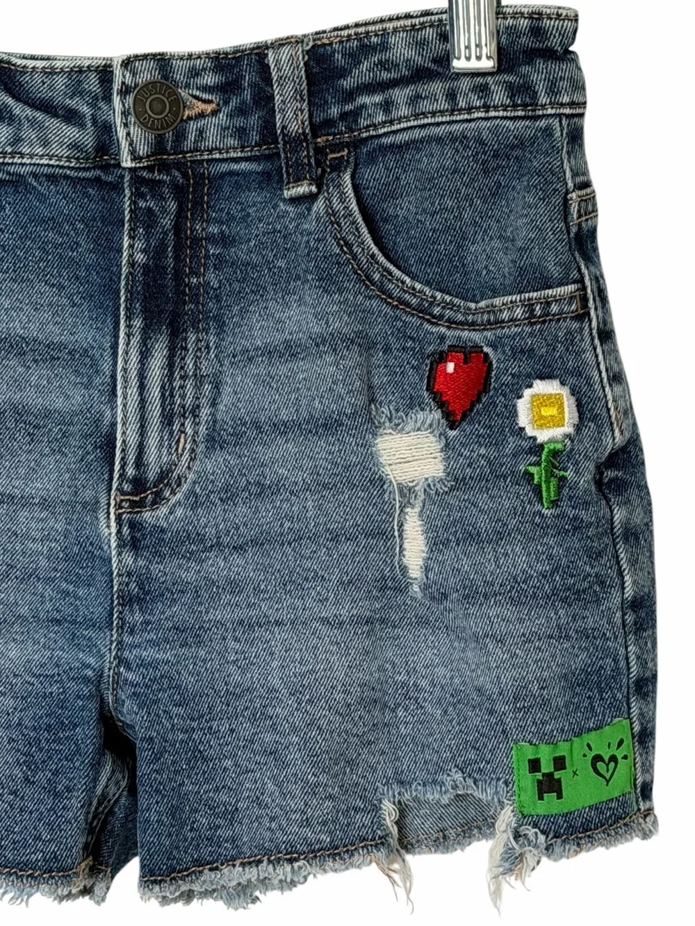 Justice Minecraft Blue Denim Shorts Girl 12 Embroidered Distressed Mini Mom